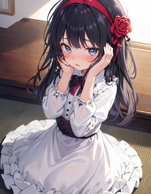 (Masterpiece, Top Quality), High Definition, Artistic Composition, 1 girl, 10 years old, younger sister, prone, troubled, mouth agape, gaze down, composition from above, hands in front of chest, blushing, pretty clothes, frilly skirt, hands on head, being patted, looking away