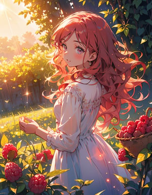 Masterpiece, Top quality, High definition, Artistic composition, 1 girl, raspberry field, picking raspberries, looking away, girlish gesture, white dress, morning dew shining, beautiful light, striking light, bold composition, smiling, chestnut hair, wavy hair, composition from below,girl