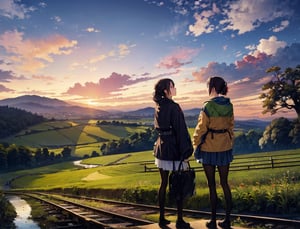 Masterpiece, Top Quality, 2 Girls, Talking, Spring Jacket, Back View, Overlooking Japanese Countryside, Stream in Distance, One Large Tree Standing, Sunset, Striking Sky Color, Looking Away, High Definition, Emotional, Big Clouds, Wide Sky, Rail Tracks Visible, Artistic Composition, Dramatic