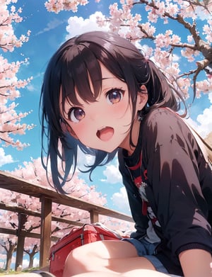 Masterpiece, top quality, high definition, artistic composition, two girls, big cherry blossom tree, cherry blossoms in full bloom, blue sky, striking clouds, sitting on ground, wariza, lunch box, having conversation, looking up at sky, from below, wide sky, wide shot, casual wear,breakdomain