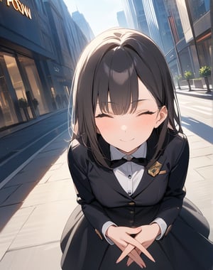 Masterpiece, Top Quality, High Definition, Artistic Composition,1 girl, head bowed in greeting, squinting and smiling, city boulevard, POW, Dutch angle, girlish gesture, cute, looking at me, standing, hands together, from above