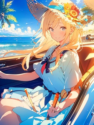 Masterpiece, top quality,khange, 1 girl, squinting and smiling, blonde hair, bright blue dress, straw hat, convertible top car, sitting in passenger seat, hand holding hat, hair blowing in wind, high definition, wide shot, portrait, graceful, from side,masterpiece