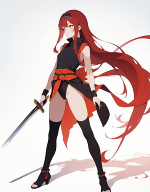 (masterpiece, top quality), high definition, artistic composition, 1 woman, leotard-style ninja costume, stylish standing pose, simple dark background, long extended shadow, red hair band and sash, small sword, stockings