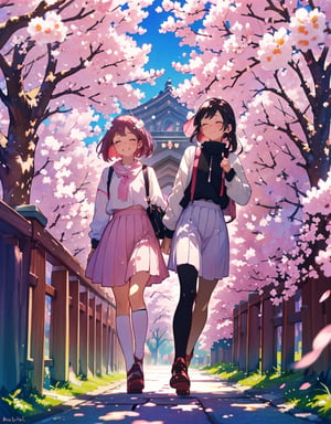  Masterpiece, Top Quality, High Definition, Artistic Composition, 2 girls, smiling, smiling with mouth open, walking and talking, cute gesture, tunnel of cherry trees in watercolor style, spring coordination, portrait, cherry blossom in full bloom, wide shot, cherry blossom frame, pastel colors, action pose,<lora:659111690174031528:1.0>