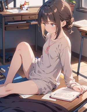 Masterpiece, Top Quality, High Definition, Artistic Composition,1 girl, sitting in a chair studying, study desk, notebook, holding a pencil, distressed, frowning, hair tied back, top, plain colored loungewear, messy room, small room, (cat sleeping on floor), dark room, bold composition, looking away 