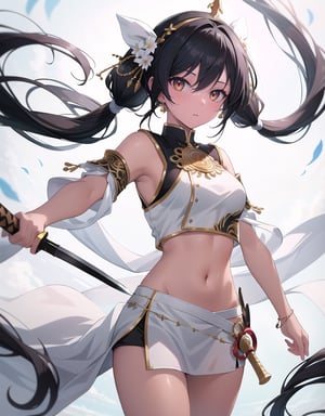 (masterpiece, top quality), high definition, artistic composition, 1 girl, black hair, anime style costume, loose white cloth ethnic style fighting outfit, navel showing, brown skin, oriental dagger in sheath, twin tail, Southeast Asian jungle, blurred background