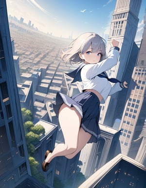 (masterpiece, top quality), high definition, artistic composition, 1 girl, sailor uniform, school uniform, flying, floating in air, city, from above, body twisting, flying pose, perspective, building city, surreal, fantasy