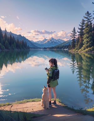 Masterpiece, Top Quality, High Definition, Artistic Composition, Several Girls, Girl Scouts, Camping, Lake, Smiling, Looking Away, Talking, Holding Firewood