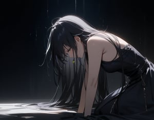 (Masterpiece, Top Quality), High Definition, Artistic Composition, 1 Woman, crying, on all fours, weeping, screaming, warrior, fantasy, hair disheveled, dramatic, somber attire, dark background, face down, from side, striking light