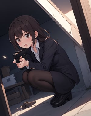 (masterpiece, top quality), high definition, artistic composition, 1 woman, business suit, brown pantyhose, surprised, crouching, building shadow, hold a pistol and take aim, looking away, hiding, suspense, Dutch angle, lower posture