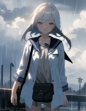 Masterpiece, Top Quality, High Definition, Artistic Composition,1 girl, sailor outfit, summer dress, schoolbag, wet from rain, hand on chest, blush, from front, cowboy shot, shedding tears, happy, short hair, dramatic, cloudy sky, lit by light
