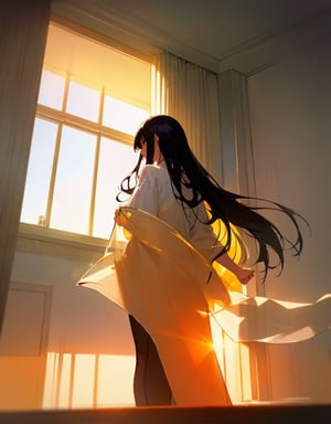 (masterpiece, top quality), high definition, artistic composition, 1 woman, standing in front of window, from behind, large white shirt, hair scraped up, shining, transparent, long black hair, morning, morning sun, striking light, backlit, hotel high-rise room, beautiful