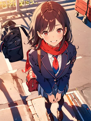 Masterpiece, Top Quality, 1 girl, smiling, hands on knees, out of breath, blazer, school uniform, school uniform, school bag, pantyhose, Japan, morning, school route, standing tall, artistic composition, refreshing, high definition, strong sunlight, red scarf