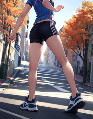 (Masterpiece, Top Quality), High Definition, Artistic Composition, 1 woman, marathon uniform, running shoes, running a marathon, running, short hair, looking away, tree-lined street, fall, from below, emphasis on feet, bold composition, sense of speed, Dutch angle, motion blur, lively, perspective, from side