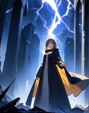 (masterpiece, top quality), high definition, artistic composition, 1 woman, wizard's robe, standing tall, (right arm held out in front, reaching), expressionless, golden eyes, looking down, dark background, large lightning, wide sky, ruins, fantasy, striking light