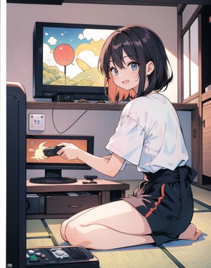 Masterpiece, Top Quality, High Definition, Artistic Composition,1 girl, Japanese living room, indian style, sitting, playing video game, NES, small CRT TV, dark room, portrait, gamepad in hand, open mouth smiling, 1990 Japan, from side , T-shirt, shorts, holding out gamepad