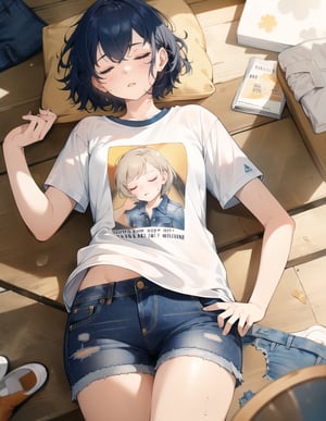 (masterpiece, top quality), high definition, artistic composition, 1 girl, t-shirt, denim shorts, short hair, sleeping with eyes closed, hot, distressed, fan, cluttered small room, from above, sloppy, portrait, summer, wide shot, sweating