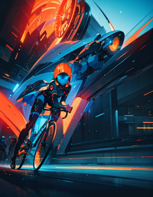 Masterpiece, Top Quality, High Definition, Artistic Composition, 1 girl, riding bicycle, bicycling, orange futuristic battle dress, cyan, blue accent color, motion blur, dynamic, moving, bold composition, battlefield