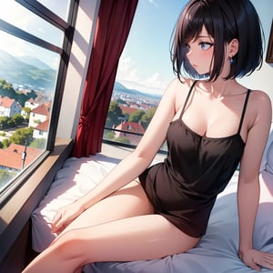 (masterpiece, top quality), high definition, artistic composition, 1 girl, camisole, composition from above, wariza on bed by window, looking away, bob cut, beautiful landscape