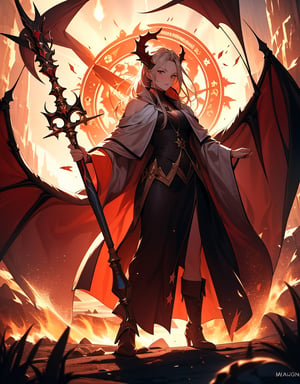 Masterpiece, top quality, high definition, artistic composition, 1 woman, wizard, standing, holding magic wand, shouting, cowboy shot, powerful composition, magic circle, huge fire dragon behind, summoning, fire sparks, backlit, fantasy, dramatic,