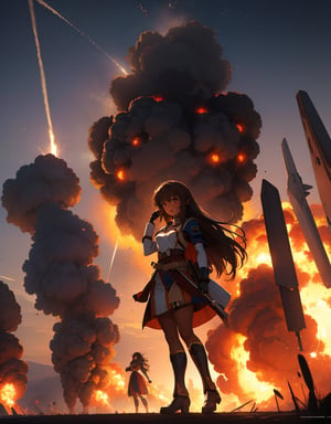 (masterpiece, top quality), high definition, artistic composition, 1 girl, brown skinned girl, dusky colored folk costume, looking away, battlefield, explosion behind, huge brown super robot fighting, bold composition,girl