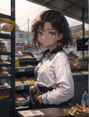 Masterpiece, Top Quality, High Definition, Artistic Composition,1 Woman, working part-time at a convenience store, Lawson, Nepalese woman, big eyes, kind, serving customers, portrait, brown skin