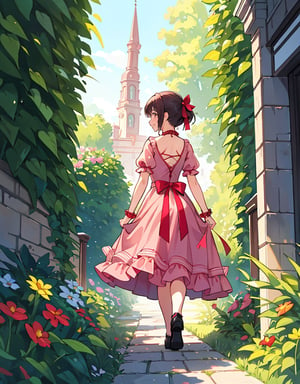 (Masterpiece, Top Quality), High Definition, Artistic Composition, 1 girl, 15 years old, pink dress, back showing, smiling, from behind, hands behind back, walking tall, garden, young lady, red ribbon, turning around