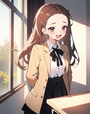 (masterpiece, top quality), high definition, artistic composition, 1 girl, high school student, beige blazer, black ribbon, red and black checked skirt, standing in front of window with hands behind her back, classroom, laughing, troubled, blushing, broad forehead, hairpin, something hidden behind body, portrait