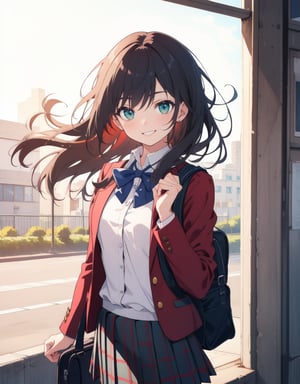 (Masterpiece, Top Quality), High Definition, Artistic Composition, 1 girl, red blazer, white shirt, black ribbon, green checked skirt, school uniform, school uniform, smiling, from front, holding school bag with both hands, smiling with narrowed eyes, schoolbag, schoolbag, portrait, spinning

