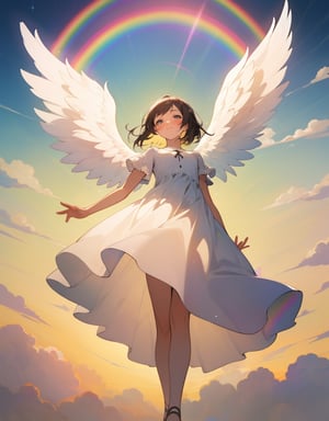 (masterpiece, top quality), high definition, artistic composition, 1 girl, rainbow image, spectrum, warm light, white dress, gentle smile, girlish gesture, frolicking, angel wings, dazzling, heaven, girl in seven colors, looking up to heaven, from below, flying away, divine

