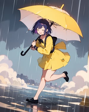 Masterpiece, Top Quality, High Definition, Artistic Composition,1 girl, bright yellow umbrella, indigo clothing, eggplant shoes, eyes closed and smiling, one leg raised and frolicking, feminine gesture, lively, lots of rain, city smoking with rain, puddles at feet, water splashing at feet, ivory colored landscape , wide shots, bold angles, except for the umbrellas.