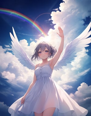 (masterpiece, top quality), high definition, artistic composition, 1 girl, rainbow image, spectrum, warm light, white dress, gentle smile, girlish gesture, frolicking, angel wings, dazzling, heaven, girl in seven colors, looking up to heaven, from below, flying away, divine

