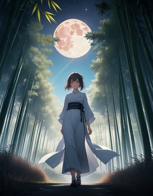 (Masterpiece, Top Quality), High Definition, Artistic Composition, 1 girl, Animation, white kimono, standing, from below, quiet, big moon, night, bamboo forest, striking light, dramatic, low saturation, from front