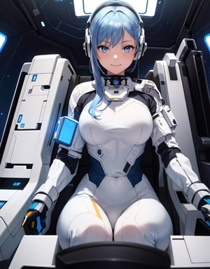  Masterpiece, Top Quality, High Definition, Artistic Composition, 1 girl, smiling, tight white space suit, outer space, sitting in narrow cockpit of spaceship, front view, crammed with machinery, futuristic, organic headset, science fiction, blue hair, blue eyes, communicating, looking away, one hand touching hair, from below, beautiful body line, perspective