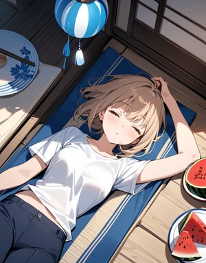 (Masterpiece, Top Quality), High Definition, Artistic Composition, 1 girl, lying on floor with eyes closed, from above, white t-shirt, easy pants to knees, Japan, porch, fan, summer, wind chimes, portrait, watermelon on plate, Dutch angle, sleepy