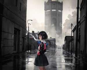 Masterpiece, Top Quality, High Definition, Artistic Composition, 1 girl, blank expression, white shirt, black skirt, 1960s London streets, short hair, poor clothing, gray sky, big factory, lots of chimneys, lots of smoke coming from big chimney, melancholy, dark, wide shot, portrait, slum, black fog, 13-year-old girl, looking away, yellow street lamp