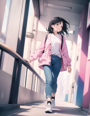 (masterpiece, top quality), high definition, artistic composition, 1 woman, white shirt, pink cardigan, blue pants, blue-green second bag, black sneakers, urban, walking, Dutch angle, stylish, looking away, full body, black hair