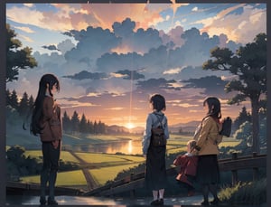 Masterpiece, Top quality, 2 girls, side by side, one sitting, spring jacket, back view, overlooking Japanese countryside, stream in distance, one large tree standing, dusk, striking sky color, looking away, high definition, emotional, large clouds, wide sky, railroad tracks visible