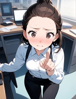 (masterpiece, top quality), high definition, artistic composition, one female, pointing, embarrassed, troubled, collared shirt, business suit, from above, nose blush, broad forehead, hair pulled back, fingers up, office, cute, comedy, animation, reaching