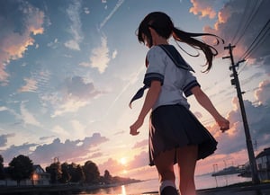 masterpiece, best quality, 1 girl, 13 years old, girl, sailor suit, school uniform, walking, pushing bicycle, causeway, dusk, sunset, dim sky, school road, high definition, Japan, artistic composition, backlight, silhouette, composition from the side, composition from below, striking,best quality