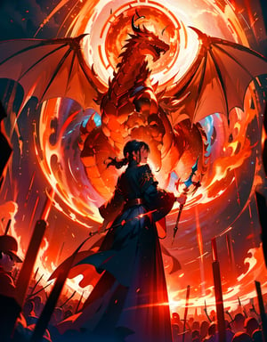 Masterpiece, top quality, high definition, artistic composition, 1 woman, wizard, standing, holding magic wand, shouting, cowboy shot, powerful composition, magic circle, huge fire dragon behind, summoning, fire sparks, backlit, fantasy, dramatic,