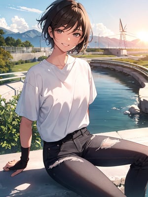 masterpiece, best quality, 1 girl, boyish, short hair, white t-shirt, black jeans, smiling, backlit, riverbed, high definition, sitting on guardrail, feeling good, face and body straight at the camera, sports bag, wind blowing