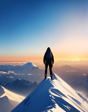 Masterpiece, Top Quality, High Definition, Artistic Composition,1 Woman, mountaineering outfit, summit, standing on top of Mount Everest with arms and legs outstretched, from behind, backlight, golden sunrise light, high contrast, magnificent nature, wide shot, dramatic