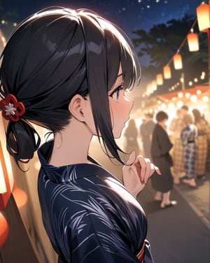 (Masterpiece, Top Quality), High Definition, Artistic Composition, 1 Woman, Embarrassed, Girlish Gesture, From Above, From Side, Looking Away, Blushing, Inverted Ponytail, Yukata, Walking, Night, Festival, Dark, Talking, Head Up, Kanzashi, Black Hair