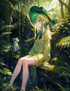 (masterpiece, top quality), high definition, artistic composition, 1 girl, in rainforest forest, wearing green stuffed frog, sitting with legs spread, looking up to heaven, comical, cute, from front