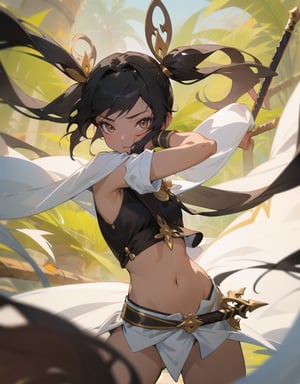 (masterpiece, top quality), high definition, artistic composition, 1 girl, black hair, anime style costume, white cloth ethnic style fighting outfit, navel showing, brown skin, oriental dagger in sheath, twin tails, Southeast Asian Jungle, Blurred Background