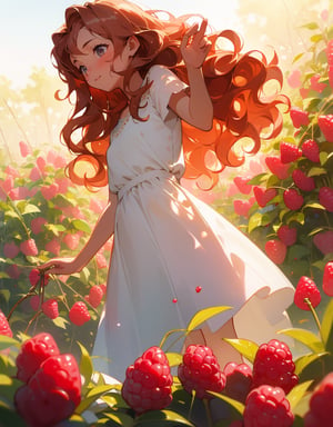 Masterpiece, Top quality, High definition, Artistic composition, 1 girl, raspberry field, picking raspberries, looking away, girlish gesture, white dress, morning dew shining, beautiful light, striking light, bold composition, smiling, chestnut hair, wavy hair, composition from below,girl