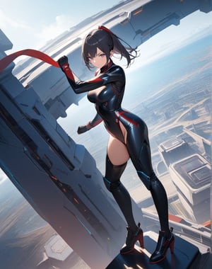 (masterpiece, top quality), high definition, artistic composition, 1 woman, leotard-like fighting outfit, android-like parts, sci-fi, fighting pose, standing on side of huge structure, An aerial view