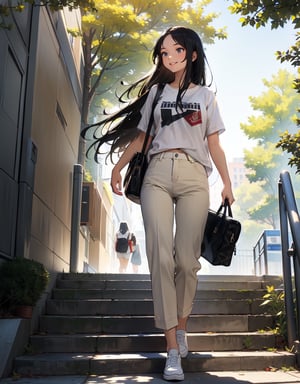 (masterpiece, top quality), high definition, artistic composition, 1 girl, college student, long black hair, college campus, white shirt, beige pants, descending stairs, talking, looking away, smiling, second bag, papers under arm, bright sunlight, large steps, outdoors, street trees, stylish