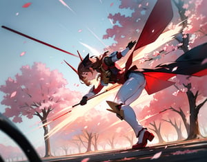 Masterpiece, top quality, machine, outdoors, forest of cherry trees underfoot, cherry blossoms in full bloom, dark colored mobile suit, dynamic pose, 18 meters, explosion in background, artistic oil painting sticks, battle, petals dancing,girl